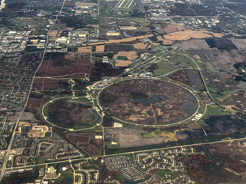 Aerial view of Fermi National Accelerator Laboratory (Fermilab) particle accelerator, Batavia, Illinois, USA.