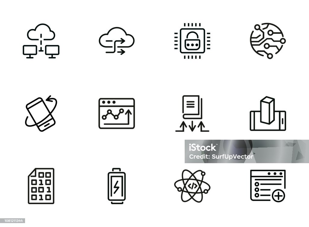 Application development line icon set Application development line icon set. Battery charging, binary code, cloud networking. Information technology concept. Can be used for topics like programming, mobile apps, artificial intelligence Accessibility stock vector