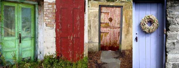 Architecture and Doorway Collage of Old Rustic Cottage Doors stock photo