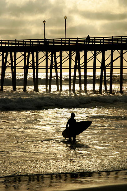 istock Silhouette of Surfer with Ocean Pier in Background 108125470
