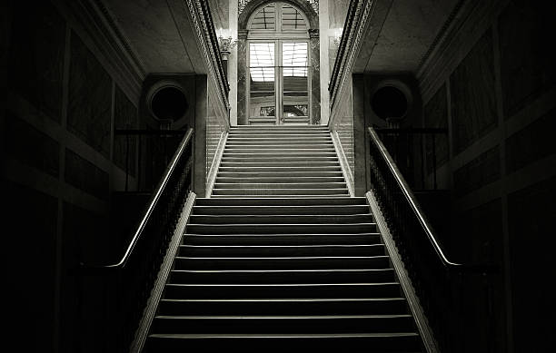 istock Dark Stairway in Building, Black and White 108125588