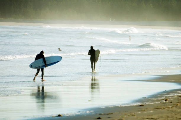 Two Surfers Walking on Beach stock photo