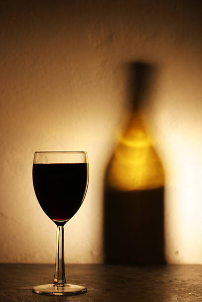 istock Red Wine Glass with Shadow of Bottle on Stucco Wall 108126209