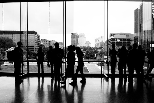 Black and white silhoutted crowd against glass windows.