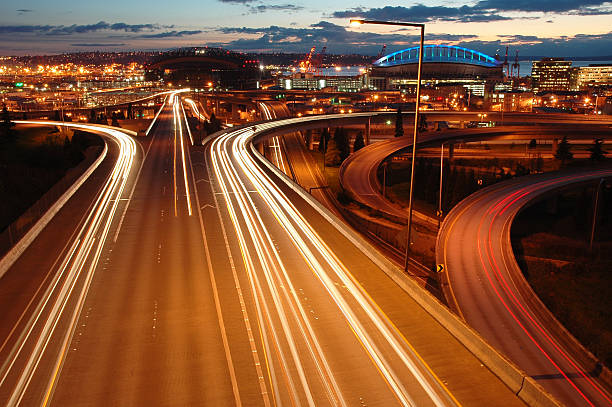 Motion Blur of Car Lights on Highway at Night stock photo