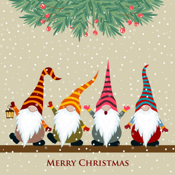 ilustrações, clipart, desenhos animados e ícones de cartão de natal com gnomos - christmas snow humor winter
