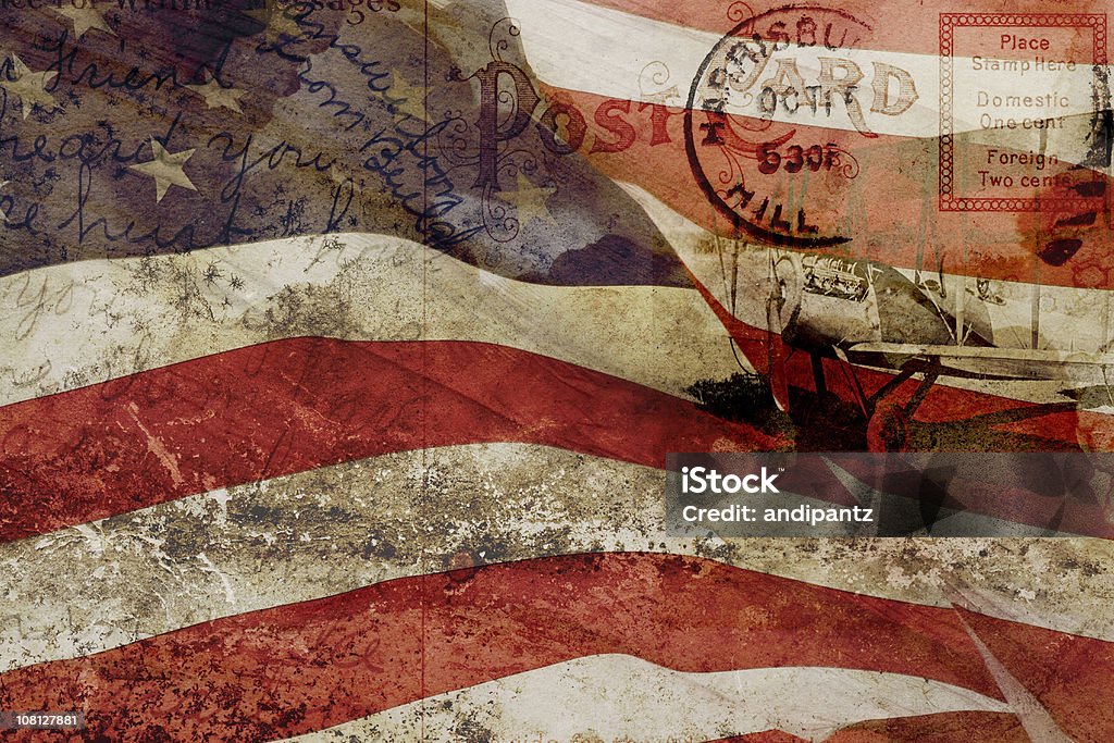 Postal, edad y Vintage bandera de Estados Unidos en avión Collage de espera - Foto de stock de Anticuado libre de derechos