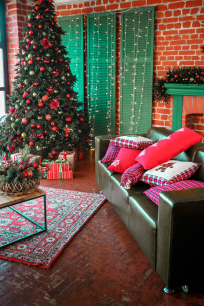 istock Image of chimney and decorated Christmas tree with gift. Christmas interior. 1081282418