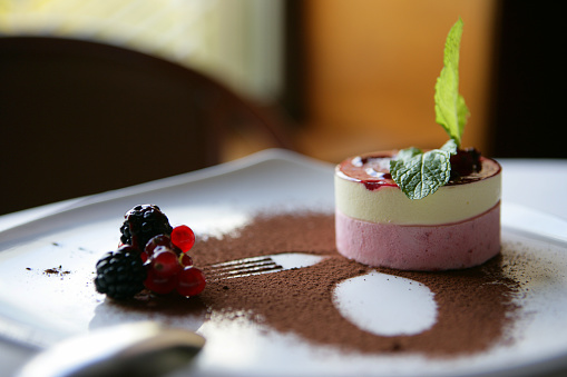 Homemade cheesecake with strawberries, strawberry sauce and blueberries and mint leaves in a white bowl. Shallow depth of field