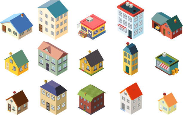 House street isometric icons set flat design concept vector illustration vector art illustration