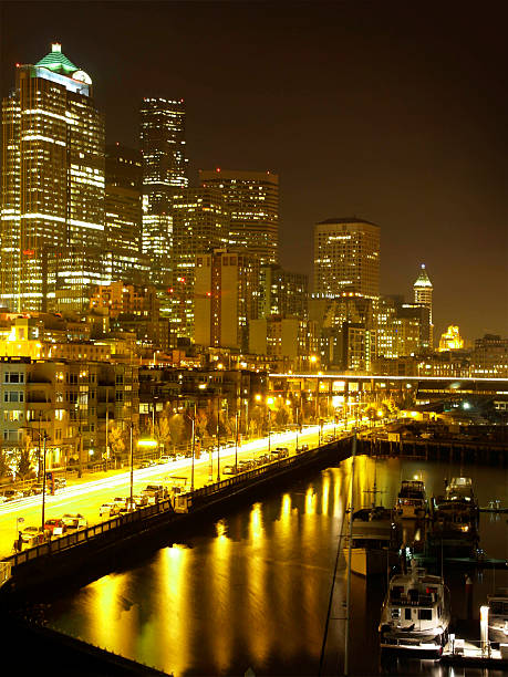 Seattle Waterfront at Night stock photo