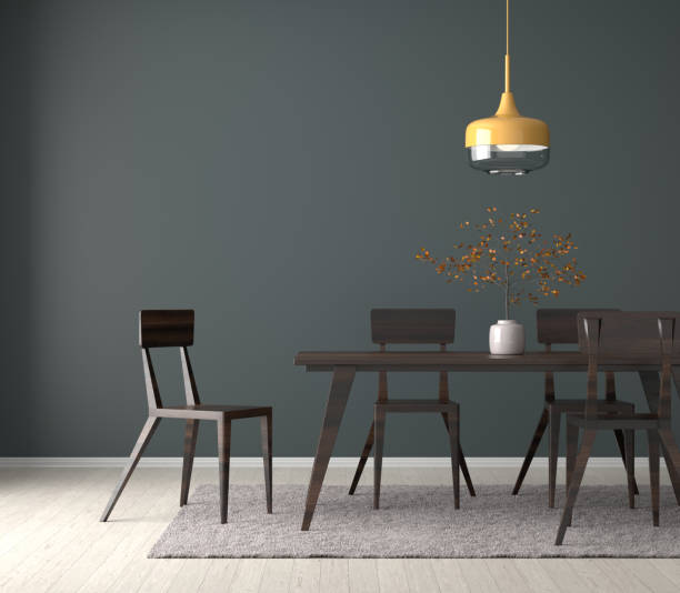 istock Spacious dining room with wooden table and chairs. 3D illustration. 1081286210