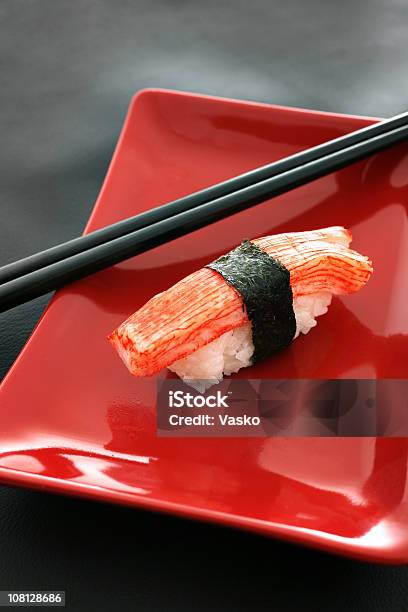 Elegant Crab Sushi On Red Plate Stock Photo - Download Image Now - Sushi, Elegance, Gray Background