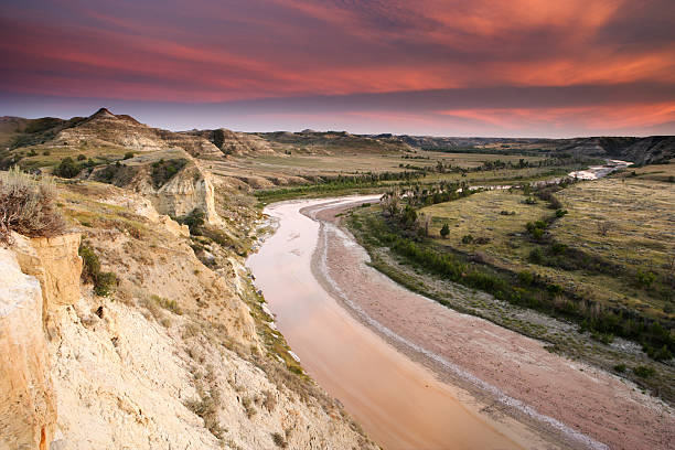 Little Missouri River Landscape at Sunset  theodore roosevelt national park stock pictures, royalty-free photos & images