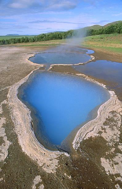 accanto alla vasca con acqua termale naturale del paesaggio foresta - iceland hot spring geothermal power station geyser foto e immagini stock