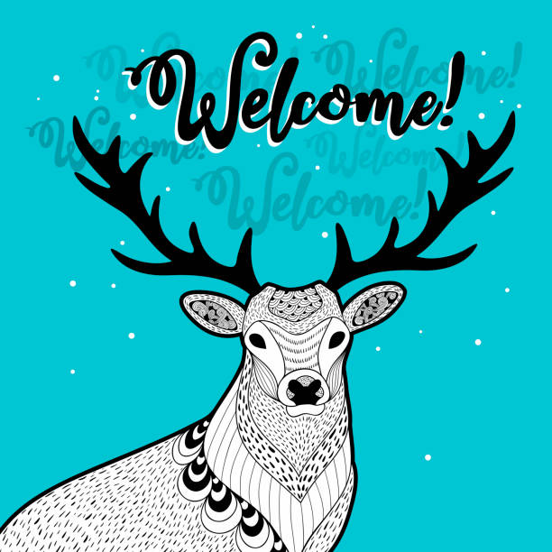 ilustrações de stock, clip art, desenhos animados e ícones de winter print with funny deer. - line art welcome sign white black