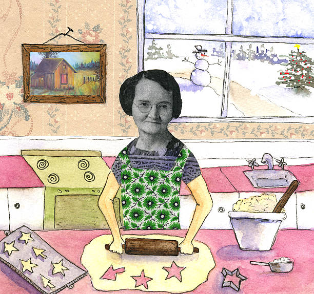 Mixed Collage of Woman Making Cookies  middle aged woman cooking stock illustrations