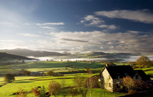 misty matin - brecon beacons photos et images de collection