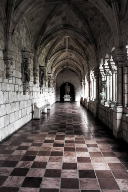 Monastery Hallway with Marble Floor and Arched Roof stock photo