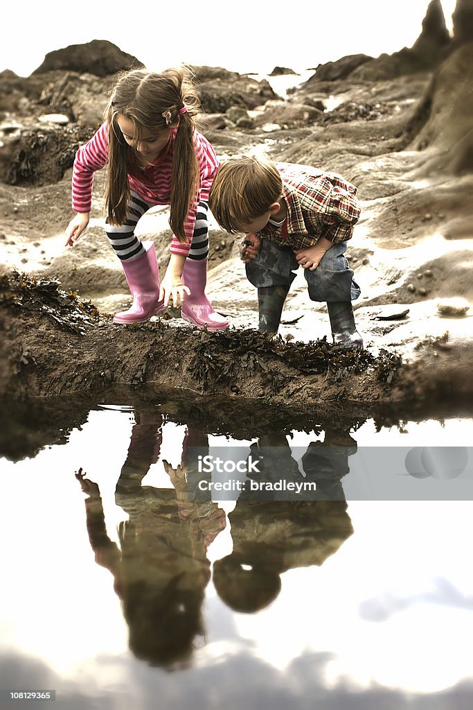 Duas crianças olhando em piscinas de rochas costeiras - Foto de stock de Brincalhão royalty-free