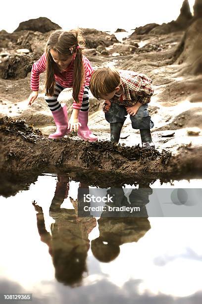 Duas Crianças Olhando Para Costeiras Rock Pools - Fotografias de stock e mais imagens de Ao Ar Livre - Ao Ar Livre, Brincalhão, Brincar