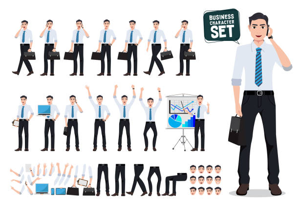 Male business person vector character creation set with business man talking on mobile phone Male business person vector character creation set with business man talking on mobile phone and holding briefcase for presentation. Vector illustration. walking animation stock illustrations