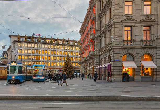 Paradeplatz square the city of Zurich at dusk in the advent season stock photo