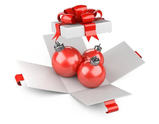 istock Red Christmas balls toys in open white gift box. 1081317444