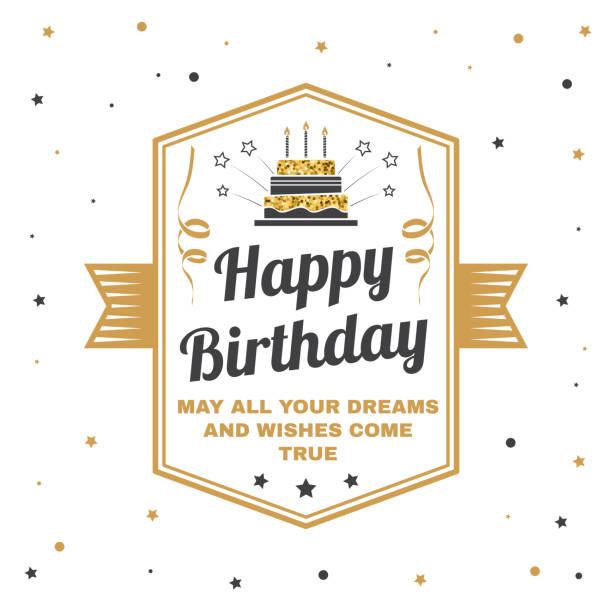 ilustrações, clipart, desenhos animados e ícones de feliz aniversário para você. que todos seus sonhos e desejos se realizem. carimbo, cartão com bolo de aniversário com velas e serpentina. vector. projeto para o emblema de comemoração de aniversário no estilo retrô - birthday wishes