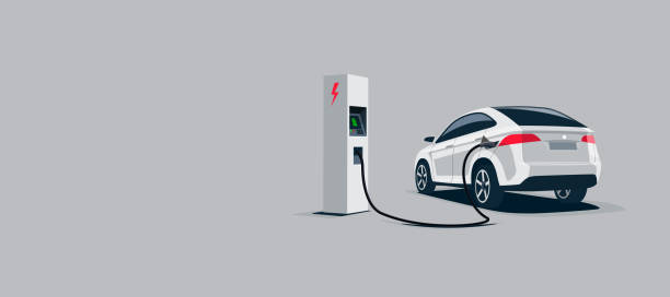 White Electric Car Suv Charging at the Charger Station Vector illustration of a luxury white electric car suv charging at the electro charger station. Car battery getting fast recharged. Clean vector illustration isolated on grey background. ev charging stock illustrations