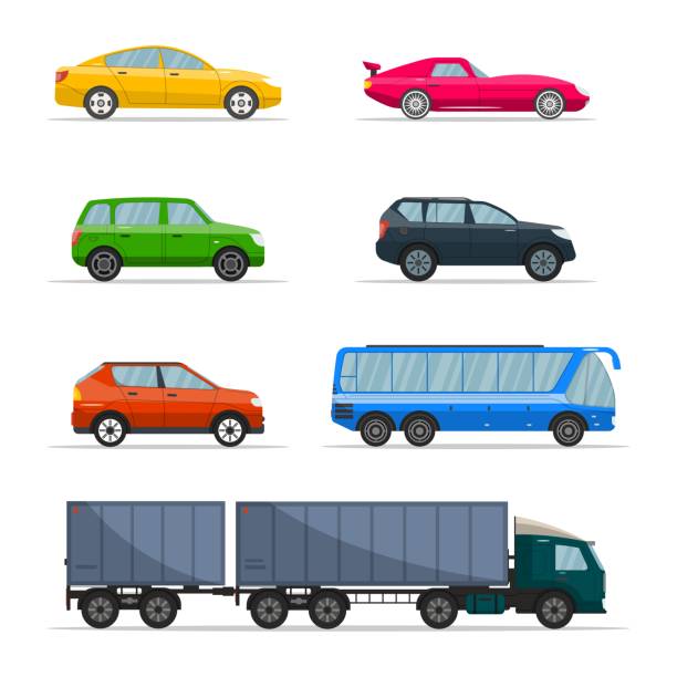 ilustrações de stock, clip art, desenhos animados e ícones de different passenger car vector. urban, city cars and vehicles transport vector flat icons set. retro car icon set - road transportation environmental conservation hybrid vehicle