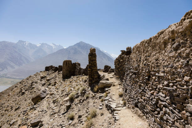 Yamchun Fortress in the Wakhan Valley near Vrang in Tajikistan. The mountains in the background are the Hindu Kush in Afghanistan stock photo