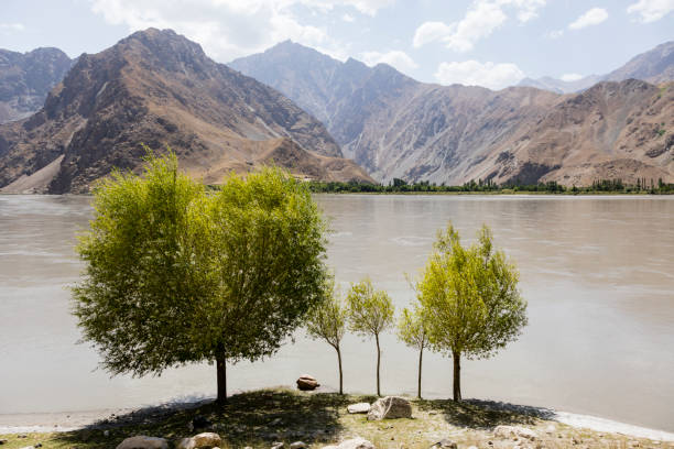 배경에서 전경과 아프가니스탄에 국경 강 타지 키스탄으로 wakhan 밸리 panj - pamirs 뉴스 사진 이미지