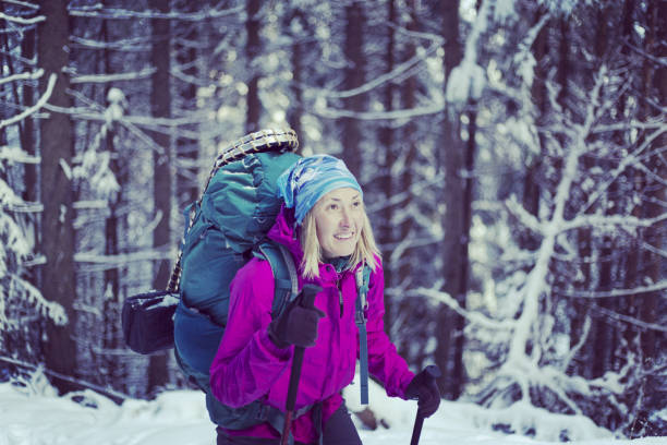 istock Woman Hiking in Snowy Forest 1081335090