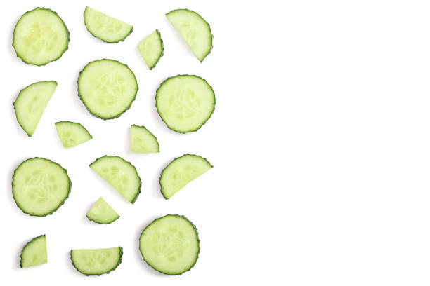 istock Cucumber slices isolated on white background with copy space for your text. Top view. Flat lay pattern. Set or collection 1081335734