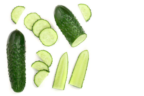 istock Cucumber slices isolated on white background with copy space for your text. Top view. Flat lay pattern. Set or collection 1081335768