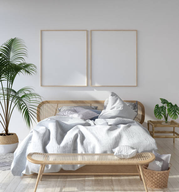 istock Mock-up poster frame in Scandinavian bedroom, Bohemian style 1081339464