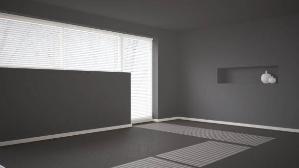 istock Empty room background with herringbone parquet and big window with venetian blind, gray modern architecture interior design 1081341740