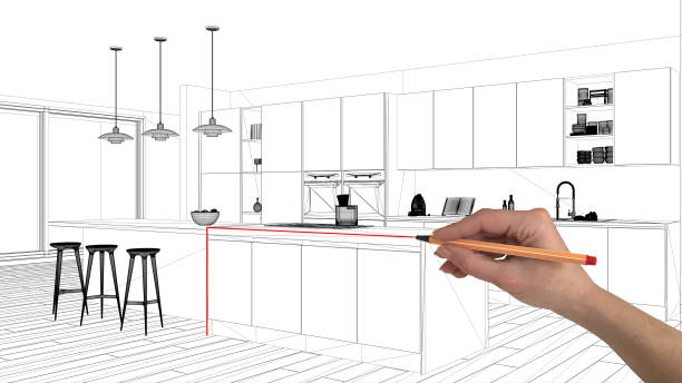 Interior design project concept, hand drawing custom architecture, black and white ink sketch, blueprint showing minimalistic kitchen with island and pendant lamps