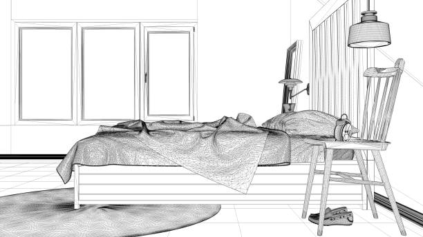 istock Interior design project, black and white ink sketch, architecture blueprint showing modern bedroom, bed with wooden headboard, minimalist architecture interior design 1081341974