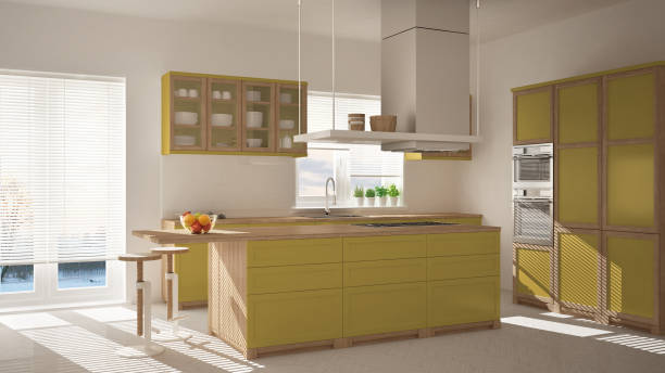 istock Modern wooden and yellow kitchen with island, stools and windows, parquet herringbone floor, architecture minimalistic interior design 1081342232