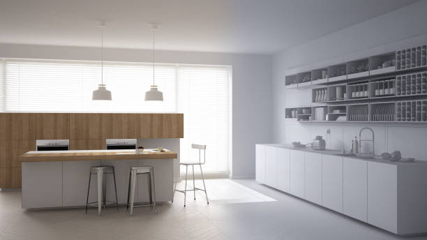 istock Smart remote home control system on a digital tablet. Device with app icons. Wooden modern white and wooden kitchen in the background, architecture interior design 1081342452