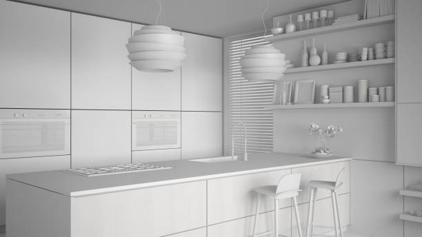 istock Total white project of modern kitchen with shelves and cabinets, island with stools. Contemporary living room, minimalist architecture interior design 1081342516