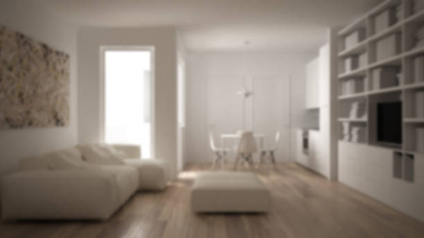 istock Blur background interior design, minimalist living room with sofa, kitchen, dining table and chairs, big window 1081346114