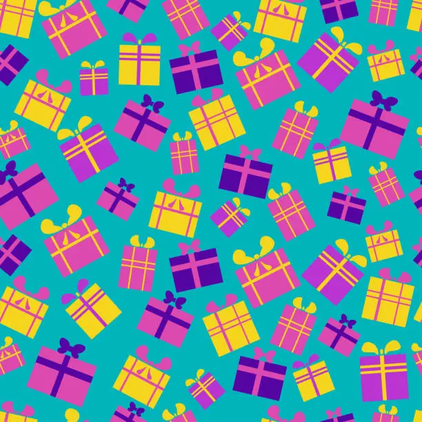 Vector illustration of Seamless pattern of flat, bright, multi-colored gift boxes with ribbons and bows on a blue background.