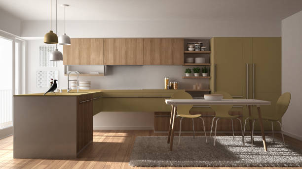 istock Modern minimalistic wooden kitchen with dining table, carpet and panoramic window, white and yellow architecture interior design 1081354734
