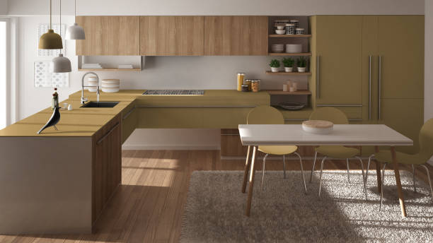 istock Modern minimalistic wooden kitchen with dining table, carpet and panoramic window, white and yellow architecture interior design 1081354748