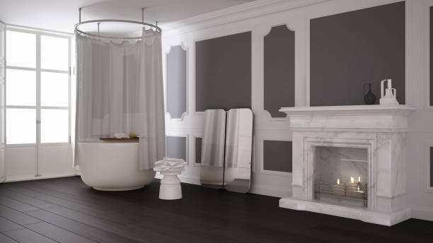 istock Vintage bathroom in classic space with old fireplace and parquet floor, modern interior design 1081357302