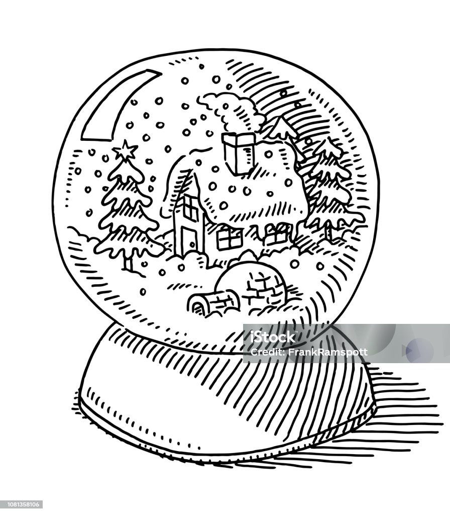 Winter Snowdome House Tree Igloo Drawing Hand-drawn vector drawing of a Winter Snowdome with a House, a Christmas Tree and an Igloo. Black-and-White sketch on a transparent background (.eps-file). Included files are EPS (v10) and Hi-Res JPG. Snow Globe stock vector