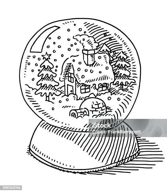 Winter Snowdome House Tree Igloo Drawing Stock Illustration - Download Image Now - Snow Globe, Line Art, Christmas